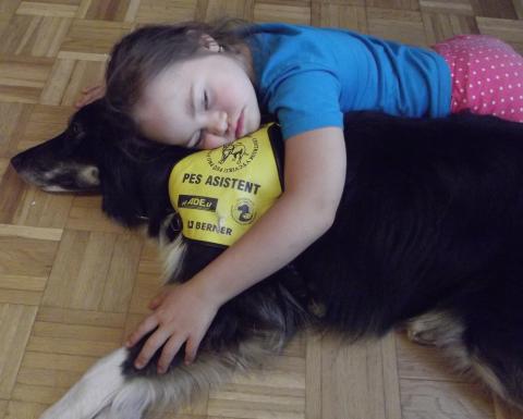 Dívka objímá asistenčního psa