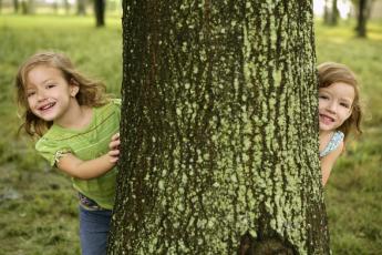 Dvě malé dívky vykukují za stromem